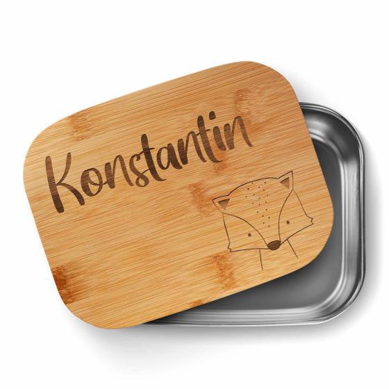 Kinder Brotbox mit graviertem Text und Fuchs Motiv