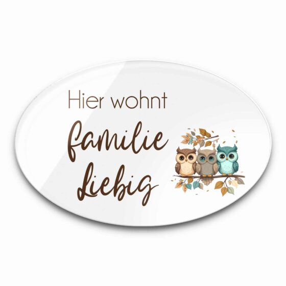 Designer Türschild mit Eulen Motiv und individuellem Text