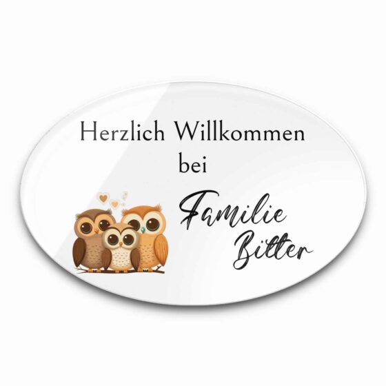 Familienschild mit Eulen Design aus hochwertigem Acrylglas